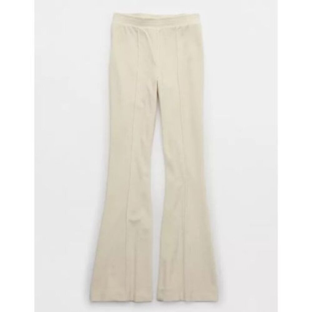Aerie Soft Oat Groove-On Rib Velour Flare Pants Size Small Short 54277